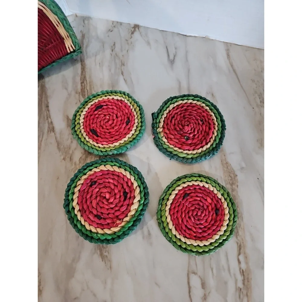 VTG Watermelon Napkin Holder Black Wooden Beads Coasters Summer BBQ Picnic